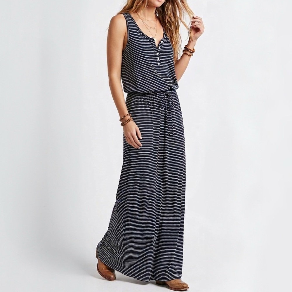Jersey Loungewear FEEL THE PIECE Navy Stripe Nautical Tank Top Maxi Summer Dress
